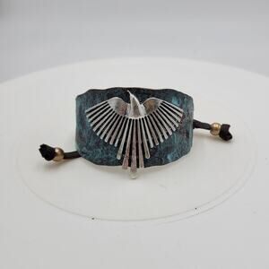 Vtg Native Thunderbird Cuff Bracelet 9" Hammered Green Silver Leather Phoenix